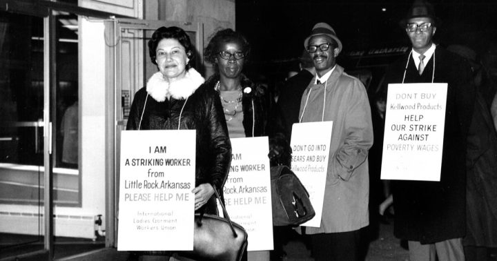 Little Rock workers on strike against Kellwood, wearing placards that encourage support for better wages, 1966