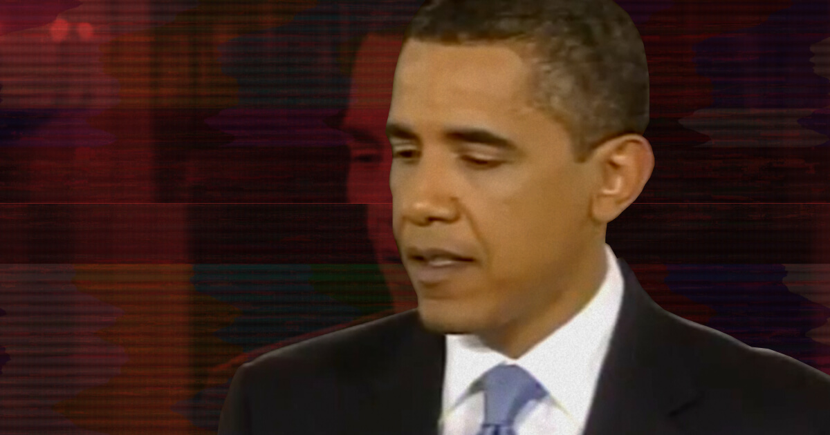 Barack Obama on dark red background, giving speech in 2009