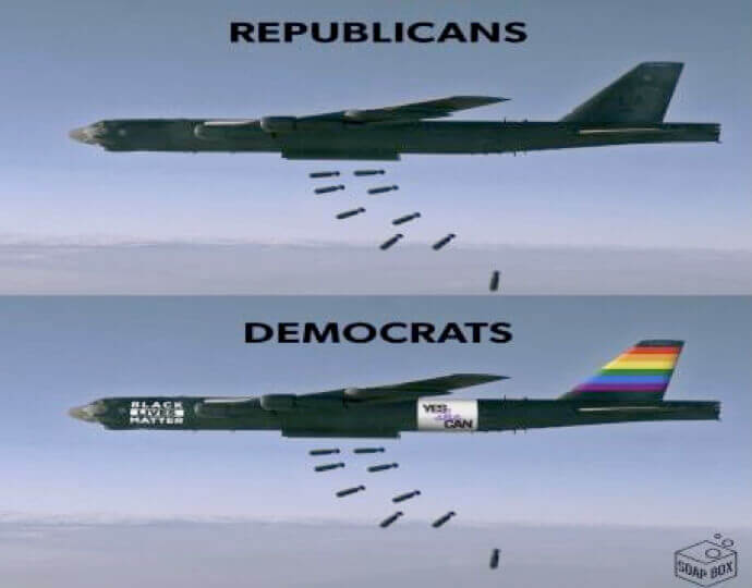 Plane marked 'Republicans' dropping bombs and another plane marked 'Democrats' also dropping bombs