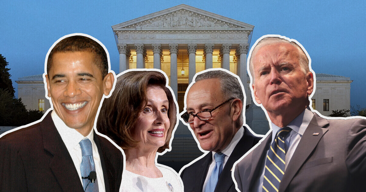 Obama, Pelosi, Schumer and Biden in front of the Supreme Court building