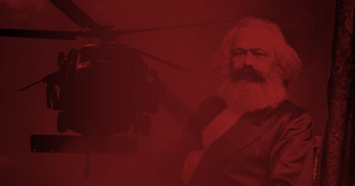 A collage of Karl Marx and an American helicopter.