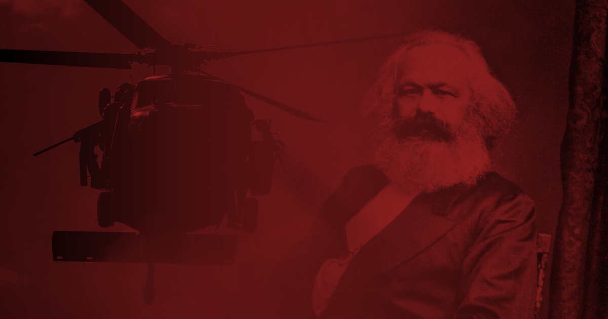A collage of Karl Marx and an American helicopter.