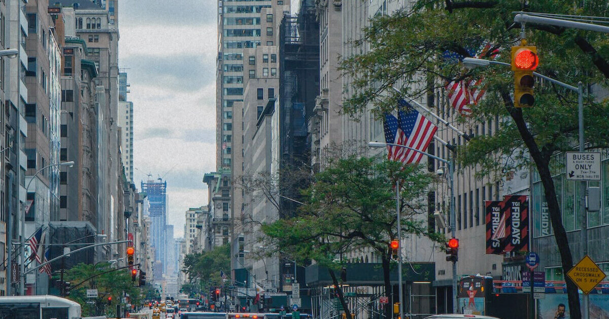 New York city streets with American flags