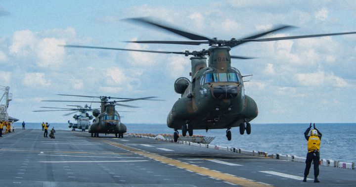 Chinook helicopter from the Japan Ground Self-Defense Force takes off from a ship’s flight deck during Exercise Noble Fusion