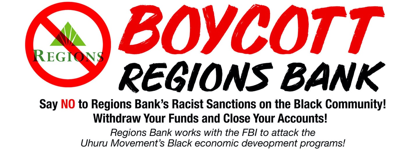 Graphic with text that says "Boycott Regions Bank" [Source: handsoffuhuru.org]