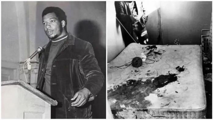 Fred Hampton and crime scene photo. Yeshitela reminded his audience that it was the U.S. government—and not the Russian government—that murdered Fred Hampton and so many others. [Source: heavy.com]