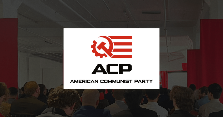 American Communist Party logo overlaid on top of a photo of convention crowd